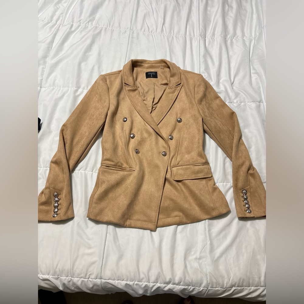 Tahari Camel Double-Breasted Blazer with Decorative Buttons